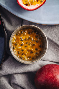 High angle view of fruits in bowl on table