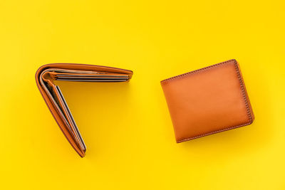 High angle view of yellow pencils on table