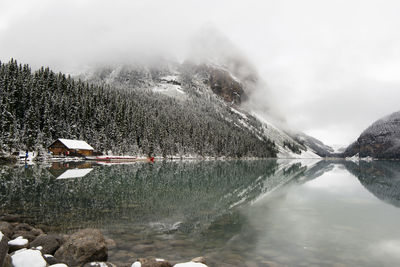 Scenic view of lake against sky during winter