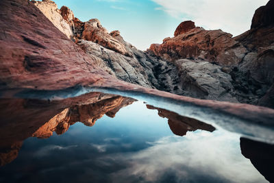 Scenic view of mountains reflecting in water against sky