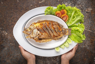 Fried nile tilapia fish with lettuce, tomato and cucumber in large oval ceramic plate served by hand