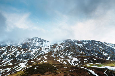 Scenic view of snowcapped mountains against sky