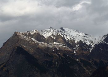 Snowed rocky mountain against sky