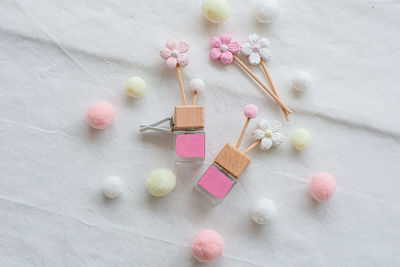 High angle view of christmas decorations on table