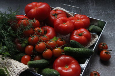 High angle view of tomatoes on table