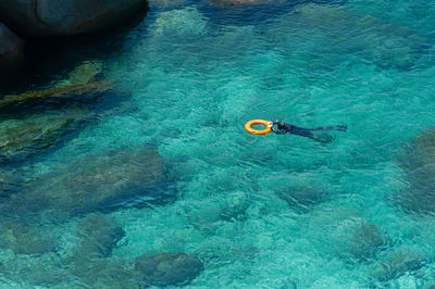 High angle view of woman swimming in sea