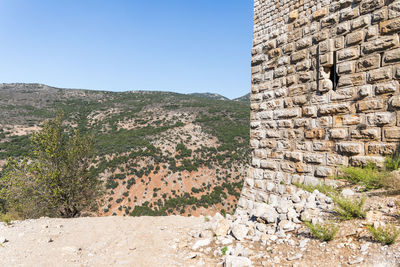 Stone wall against clear sky