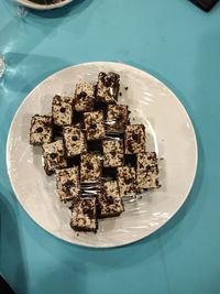 High angle view of dessert in plate on table