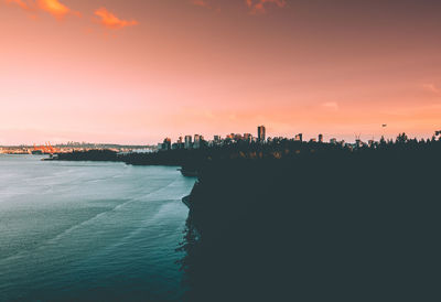 Silhouette of buildings in city during sunset