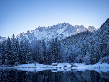 Scenic view of snowcapped mountains against clear sky