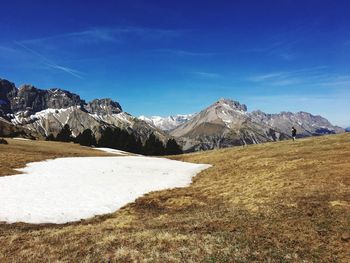 Scenic view of mountains against blue sky