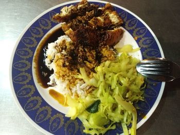 High angle view of food in plate on table