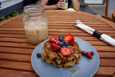 High angle view of breakfast served on table