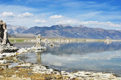 Scenic view of lake by mountains against sky