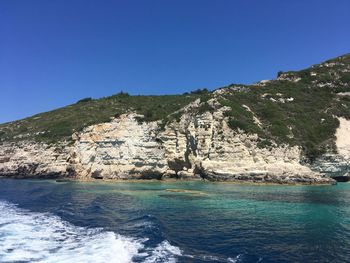 Scenic view of sea against clear blue sky