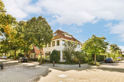 Trees and houses against sky