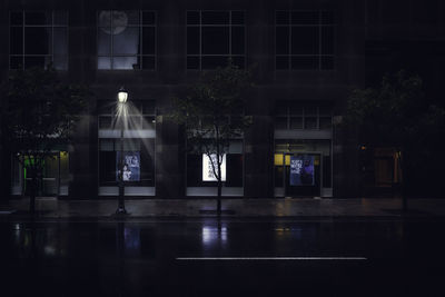 Illuminated building by street light at night