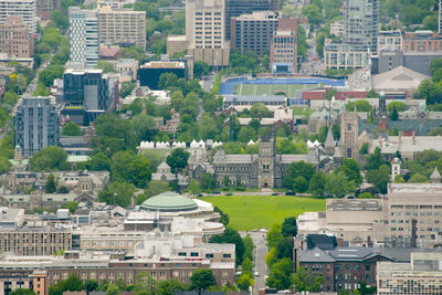 High angle view of buildings in town