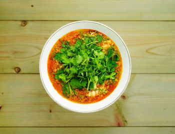 High angle view of soup in bowl on table