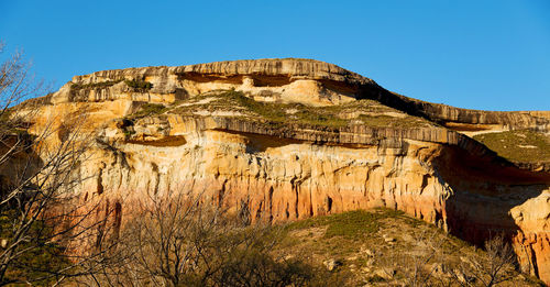 Low angle view of rock formation against clear sky