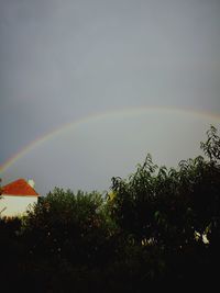 Low angle view of rainbow over trees against sky