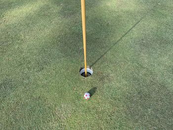 High angle view of golf ball on field