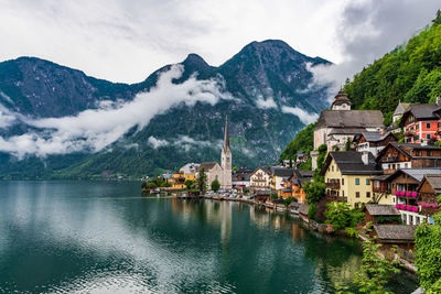 Panoramic view of lake and buildings against sky