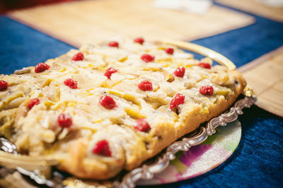 Close-up of dessert served on table