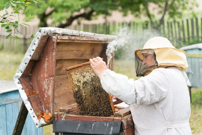 Beekeeper holding up tray of honeycomb at park