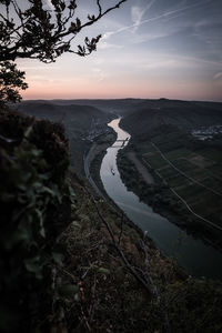 High angle view of river against sky during sunset