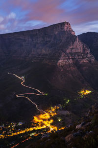 High angle shot of illuminated town