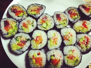 High angle view of sushi in plate on table