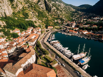 High angle view of river amidst buildings in city