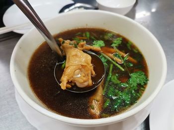 High angle view of soup in bowl