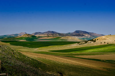 Scenic view of landscape against clear blue sky