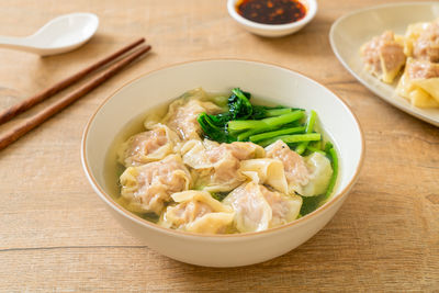 High angle view of food in bowl on table