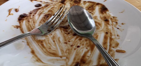 High angle view of breakfast in plate on table