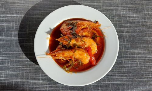 High angle view of food served in plate on table