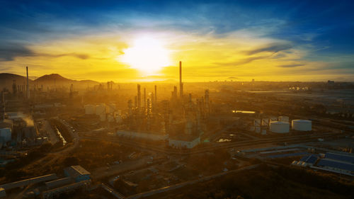 High angle view of city at sunset