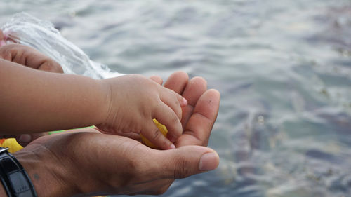 Cropped hands of son and parent against lake