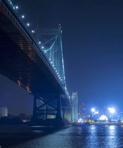 Benjamin franklin bridge over delaware river against sky at night