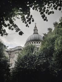 Low angle view of trees and building against sky