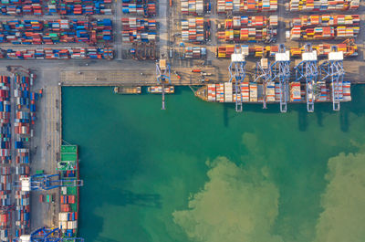 Aerial view of illuminated commercial dock