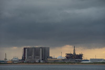 Factory by sea against sky
