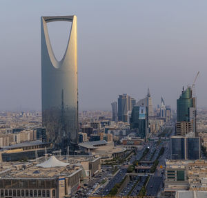 High angle view of buildings against clear sky