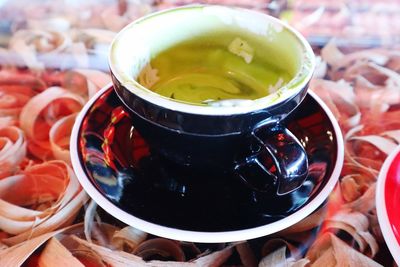 High angle view of drink in glass on table