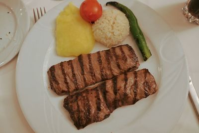 High angle view of breakfast served on table