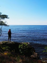 Rear view of man looking at sea against sky