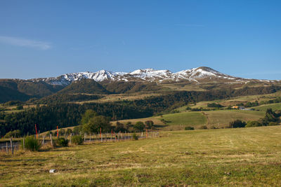 Scenic view of landscape and mountains against sky