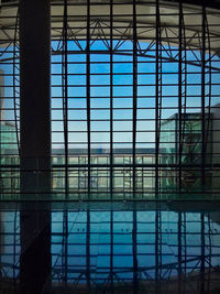 Reflection of building in swimming pool